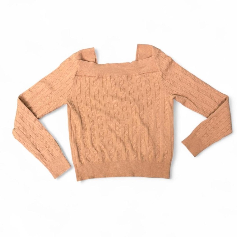 DuiBai Peachy Tan Cable Knit Square Neck Button Up Cardigan Sweater 21001225-5 - Picture 3 of 6